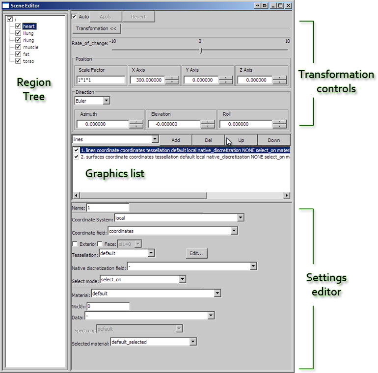 The CMGUI scene editor window